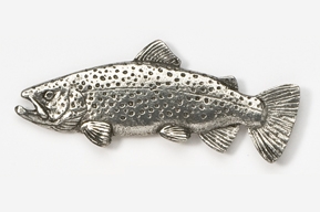 A silver brooch with a trout on it.