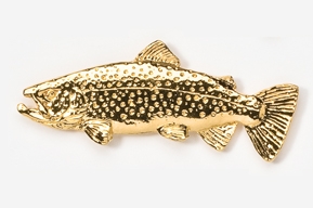 A gold plated fish brooch on a white background.