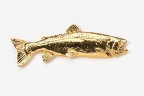 A gold fish pin on a white background.