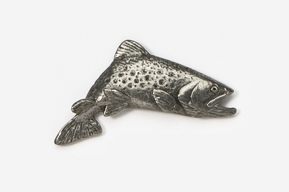 A silver brooch with a fish on it.