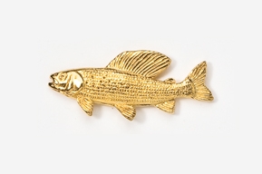 A gold fish brooch on a white background.