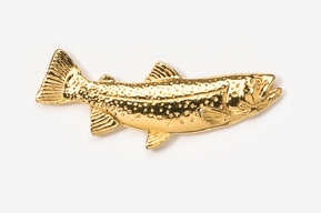 A gold plated fish pin on a white background.