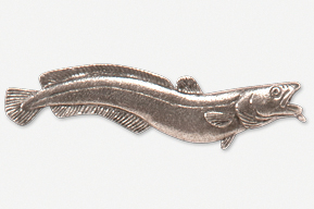 A silver fish is shown on the side of a white background.