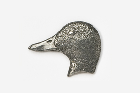 A metal duck head with a white background