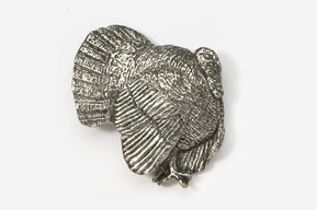 A turkey head pin is shown in silver.