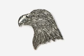 A silver eagle head with beak open.