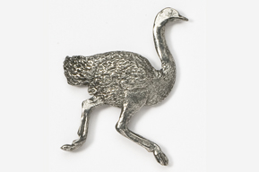 A silver ostrich is walking on its hind legs.