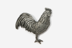 A silver rooster is standing on its hind legs.