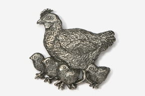 A silver chicken and chicks pin.