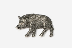 A silver pig is standing on its hind legs.