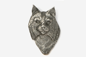 A silver dog head with black eyes and brown nose.