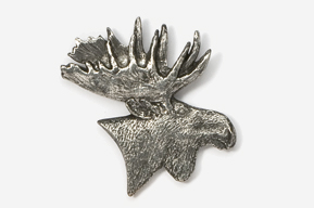 A silver moose head with large antlers.