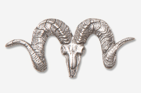 A ram 's head with horns is shown in silver.