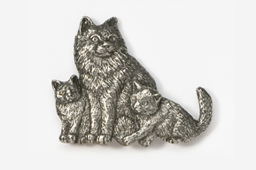 A silver pin of two cats and a dog.