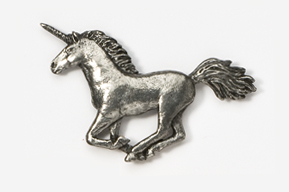 A silver unicorn is shown on the side of a wall.