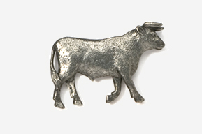 A silver cow with horns on its head.