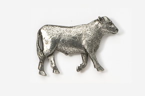 A silver cow is standing on the ground.