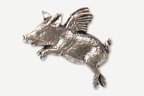 A silver pig with wings flying in the air.