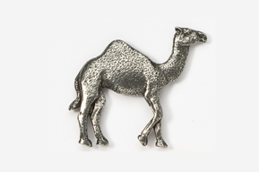 A silver camel standing on top of a white surface.