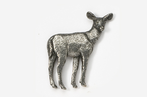 A silver deer standing on top of a white surface.