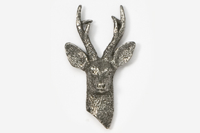 A silver deer head with antlers hanging on the wall.