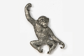 A silver monkey hanging from the side of its back.