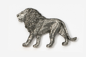 A silver lion is standing on the ground.