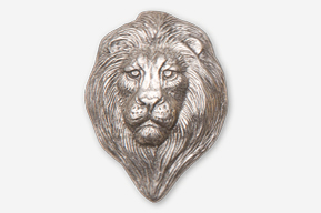 A silver lion head with a white background