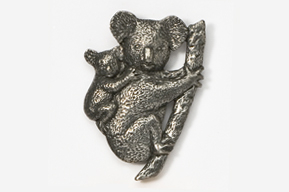 A silver koala bear with its baby on it's back.