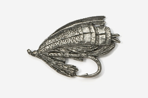 A silver fly fishing lure is shown.