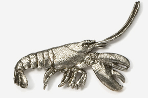 A silver lobster is hanging on the wall.