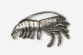 A silver lobster brooch is shown on a white background.