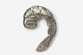 A silver object is shaped like a shrimp.