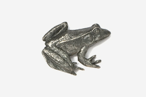 A silver frog sitting on top of a white surface.