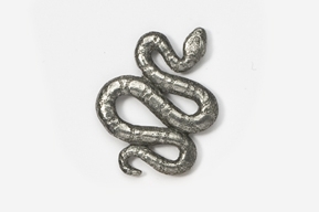 A silver snake is sitting on top of the floor.