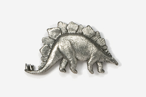 A silver stegosaurus dinosaur pin is shown.