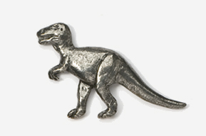 A silver dinosaur is shown on the side of a wall.