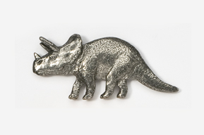 A silver dinosaur pin with its head up.