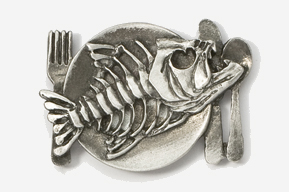 A silver plate with a fish skeleton on it.