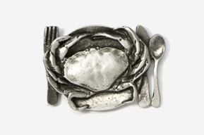 A silver plate with a crab on it