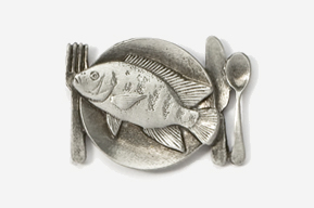 A plate with a fish on it and silverware.