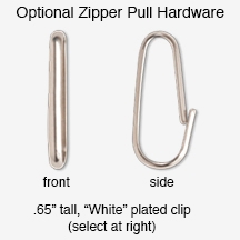 A picture of a zipper pull hardware with the words'optional zipper pull hardware'.