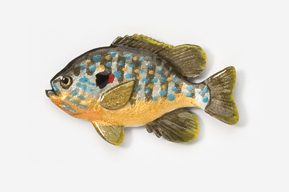 A fish is painted with blue and yellow colors.