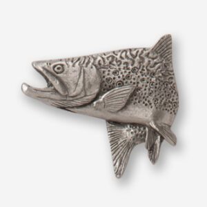 A silver fish with its mouth open and it's tail hanging down.