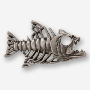 A silver fish skeleton with one eye open.