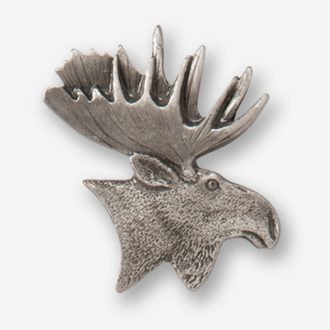 A moose head with long horns and large antlers.