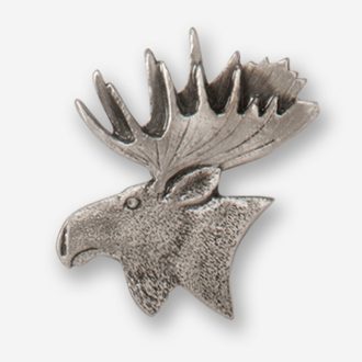 A silver moose head with large antlers.