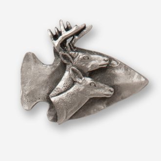 A silver fish with two deer heads on it.