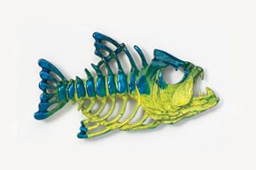 A fish skeleton with blue and yellow colors.