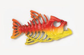 A plastic fish skeleton with red and yellow colors.